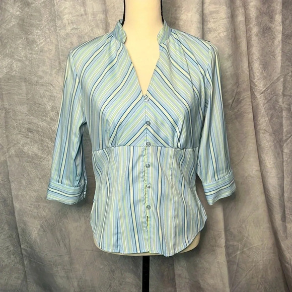 DCC Missy Tops - DCC Missy Green, Blue, Sage and White Striped Button Down 3/4 Sleeve Blouse